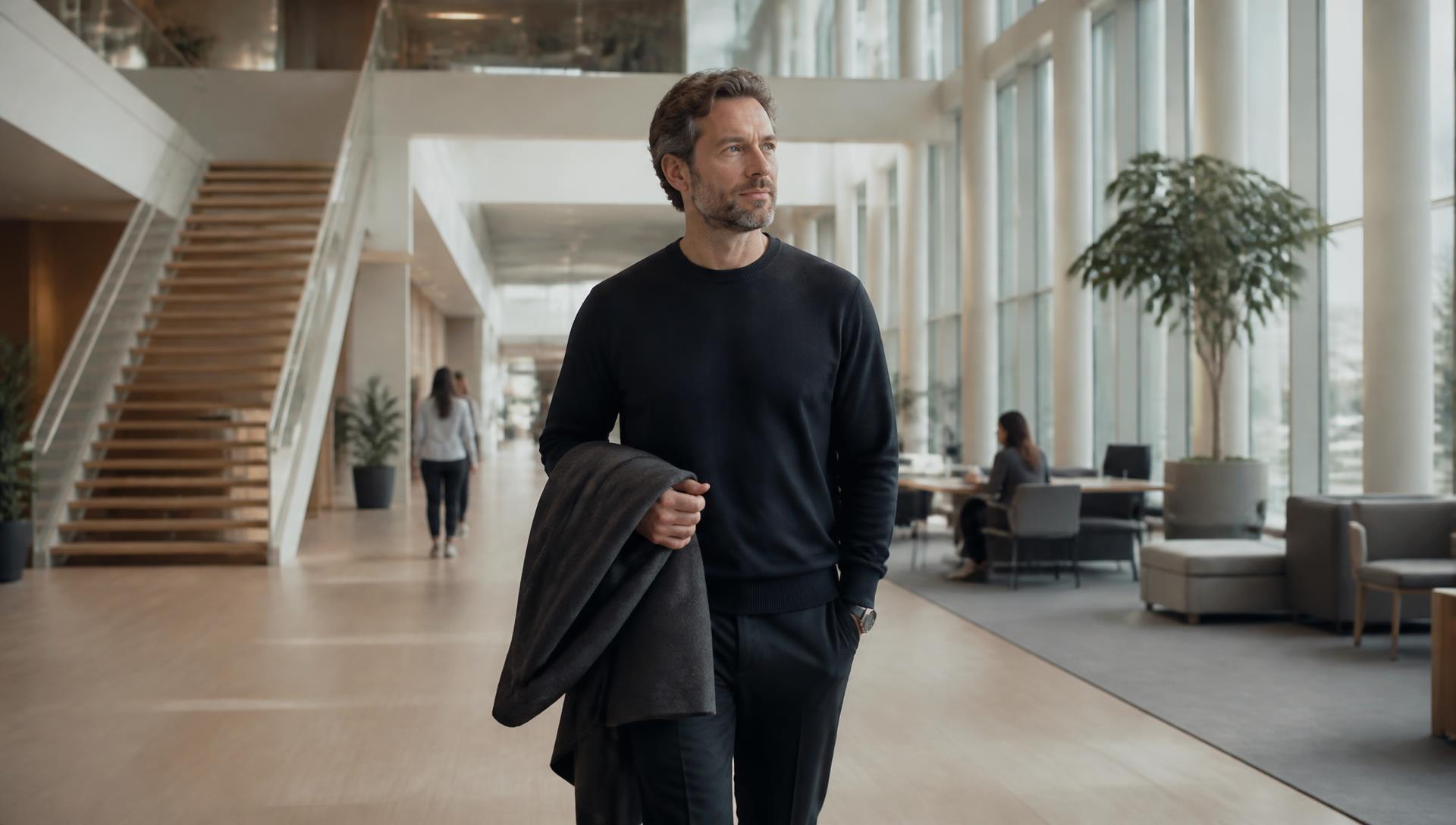 Kandidat på vei gjennom et lyst, moderne kontorbygg